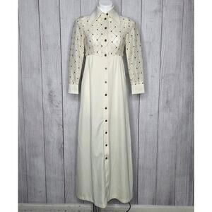 Vintage 70s Cream Lace Maxi Dress Empire Waist Dagger Collar, sz 7